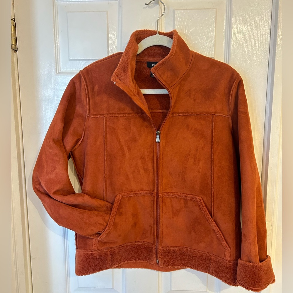 Chic Vegan Suede, Burnt Orange/Rust, Full Zip Jacket w/ Pockets; Women’s Large